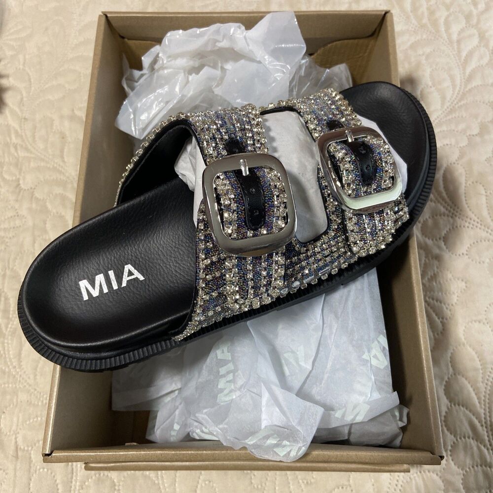 Mia Slides MIA shoes Womens Size 8 Black Slide On Shoes Silver Studded Shiny New
